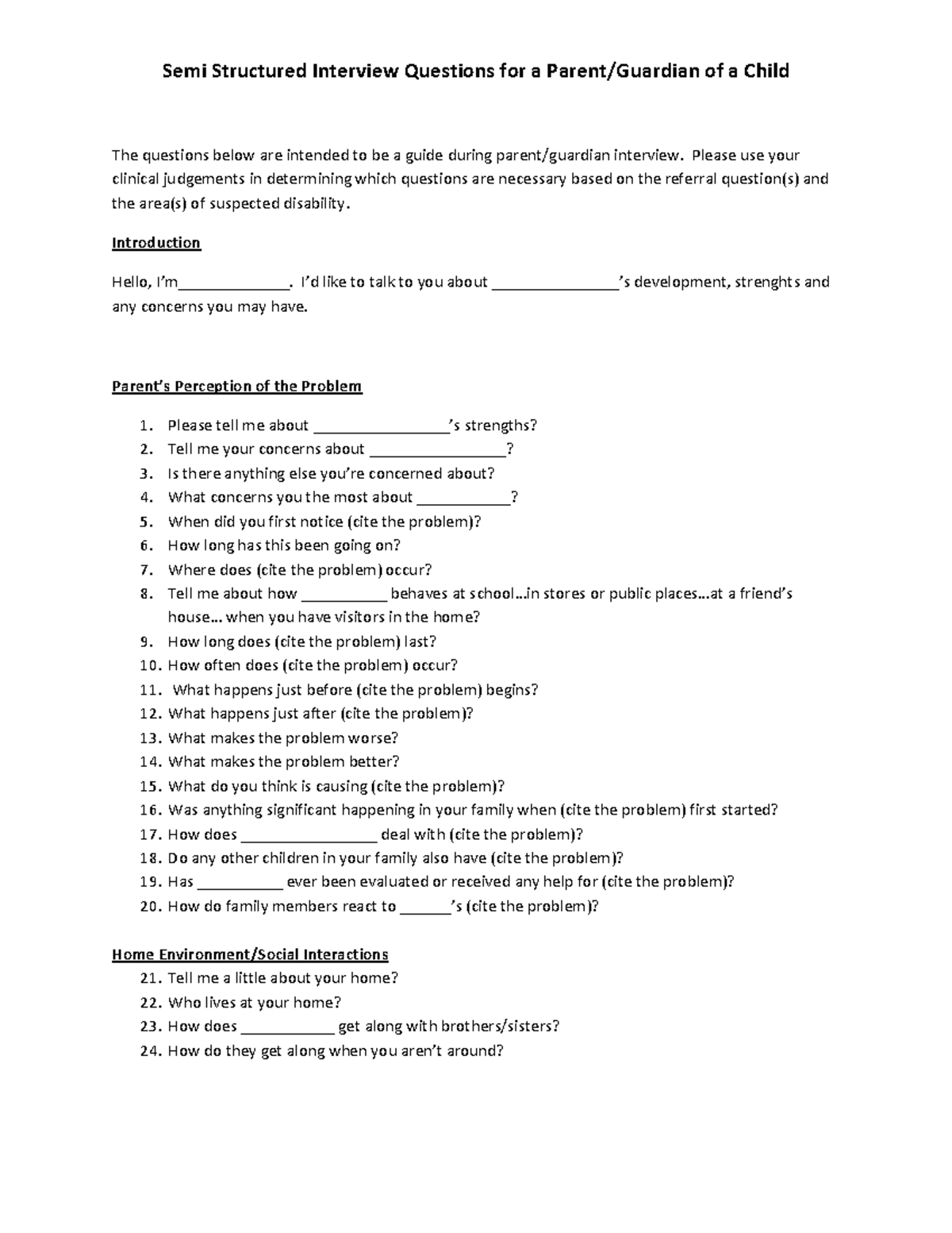 Semi Structured Interview Questions for a Parent Handout for Psych ...