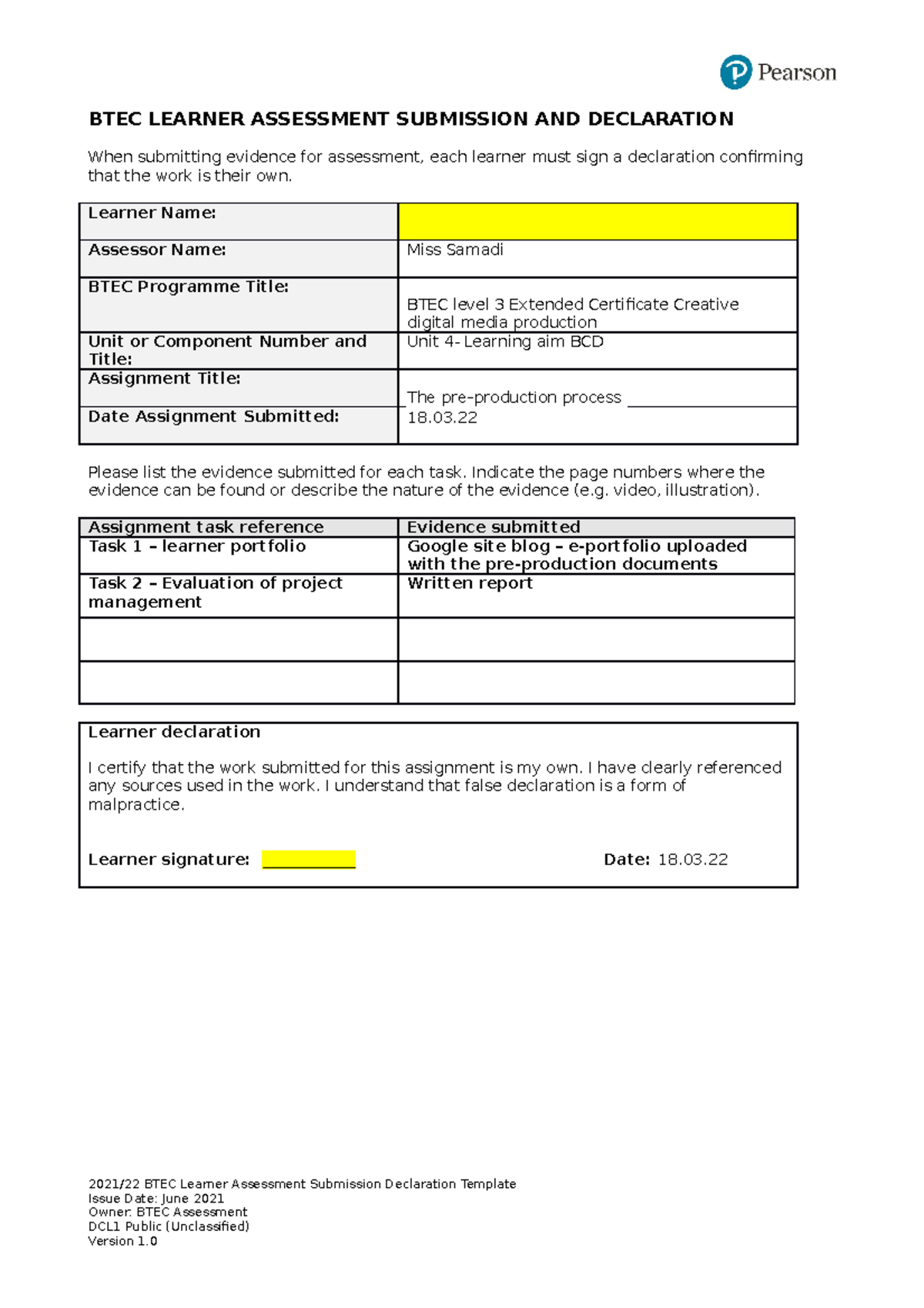 Learning AIM BCD Btec-learner-assessment-submission-declaration - BTEC ...