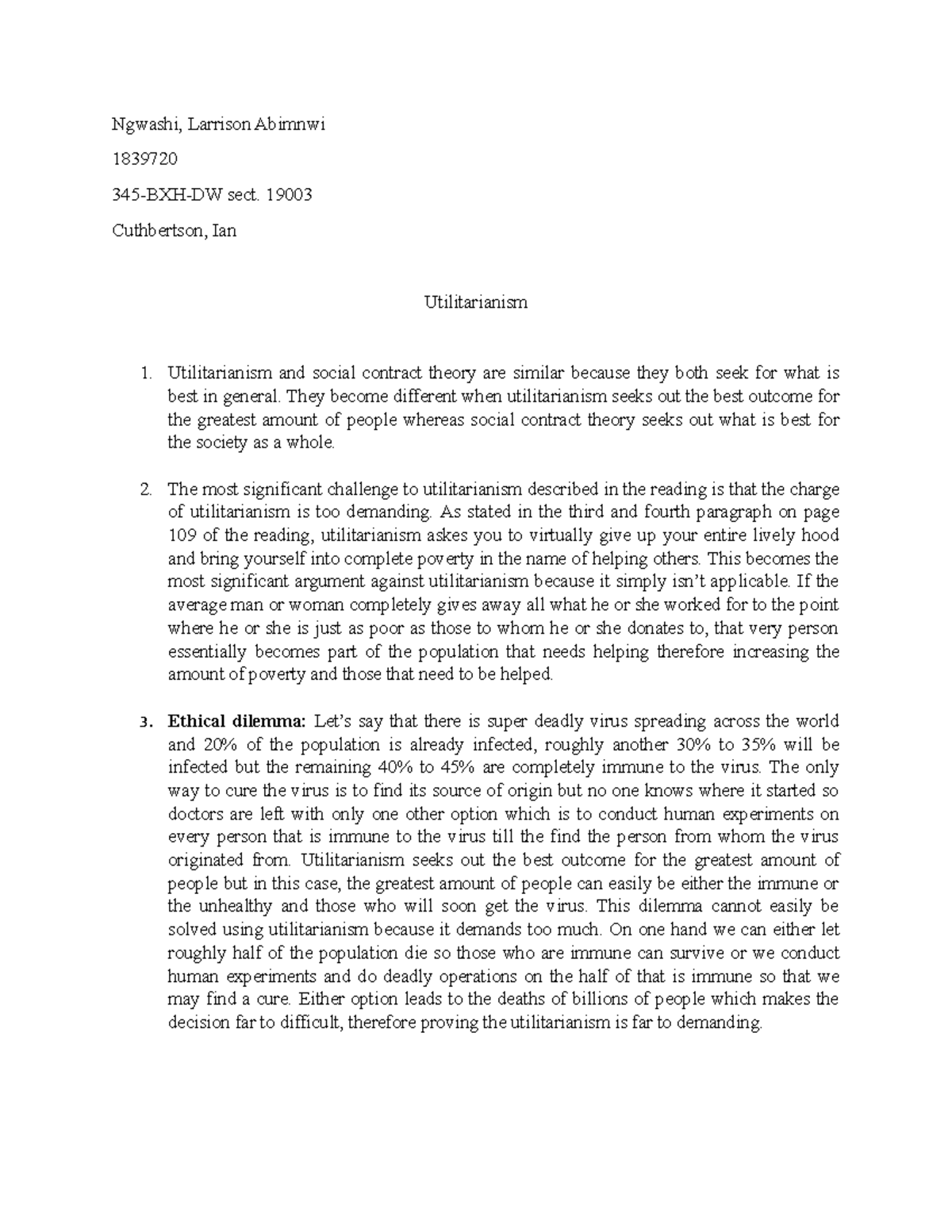Utilitarianism Course Work 345 BXH DW Applied Ethics StuDocu
