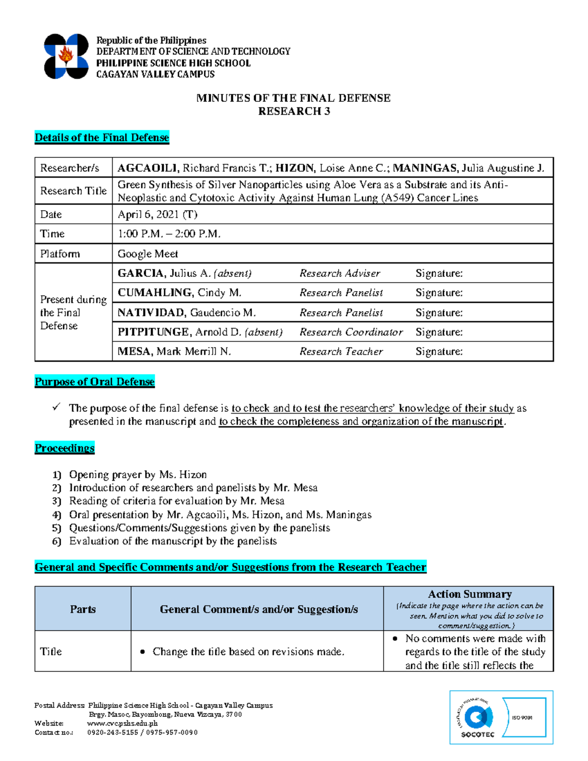 Res3 Final Defense Action Summary Group 02 - Biostatistics - UCP - Studocu