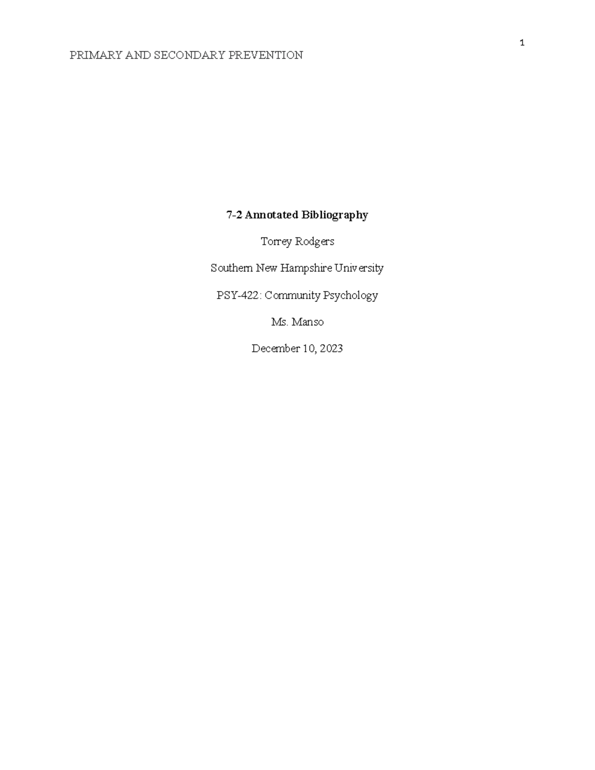 7-2 bibliography - course work - 1 PRIMARY AND SECONDARY PREVENTION 7-2 ...