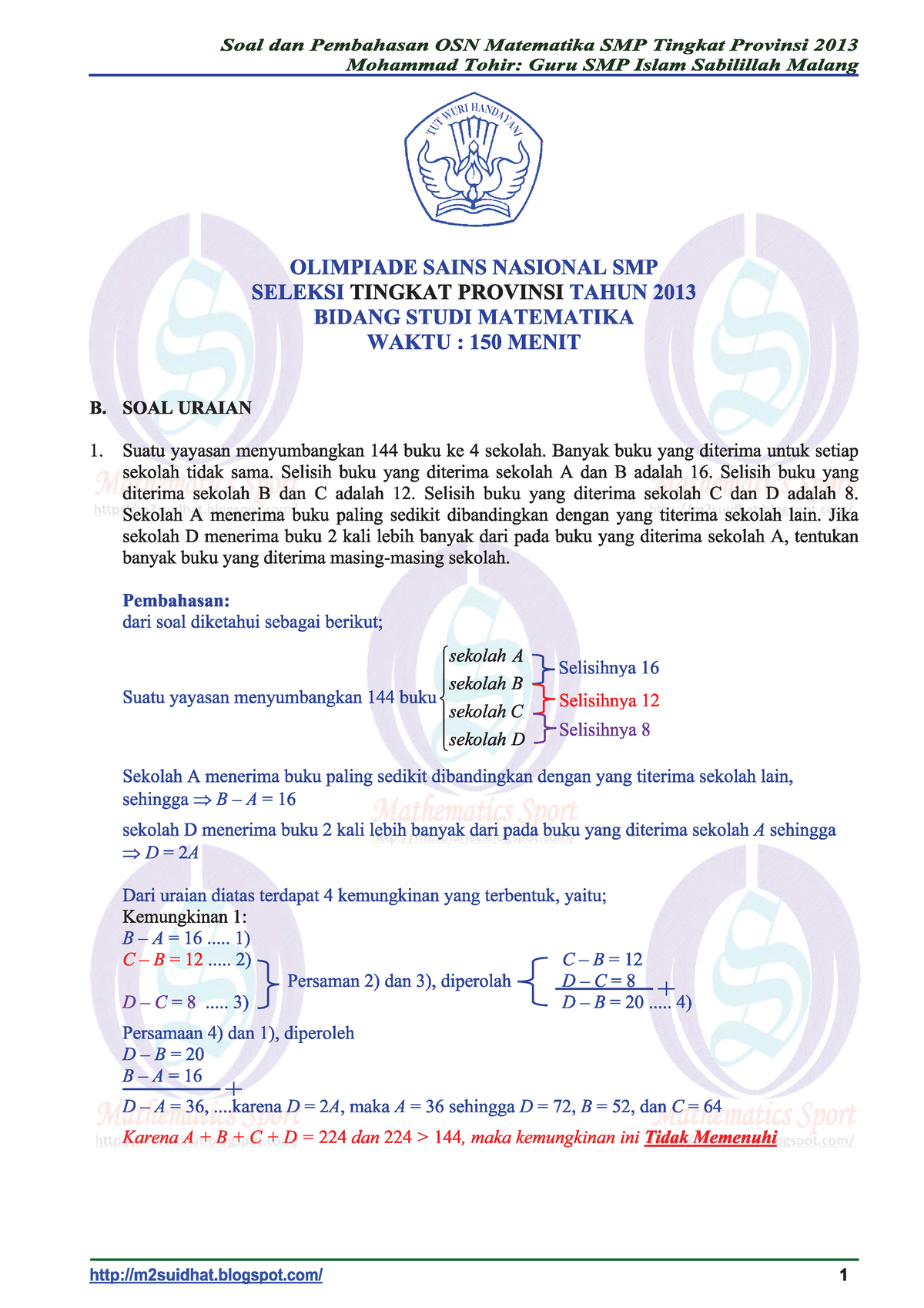 Soal Dan Pembahasan OSN Matematika SMP Tingkat Provinsi 2013 C ...