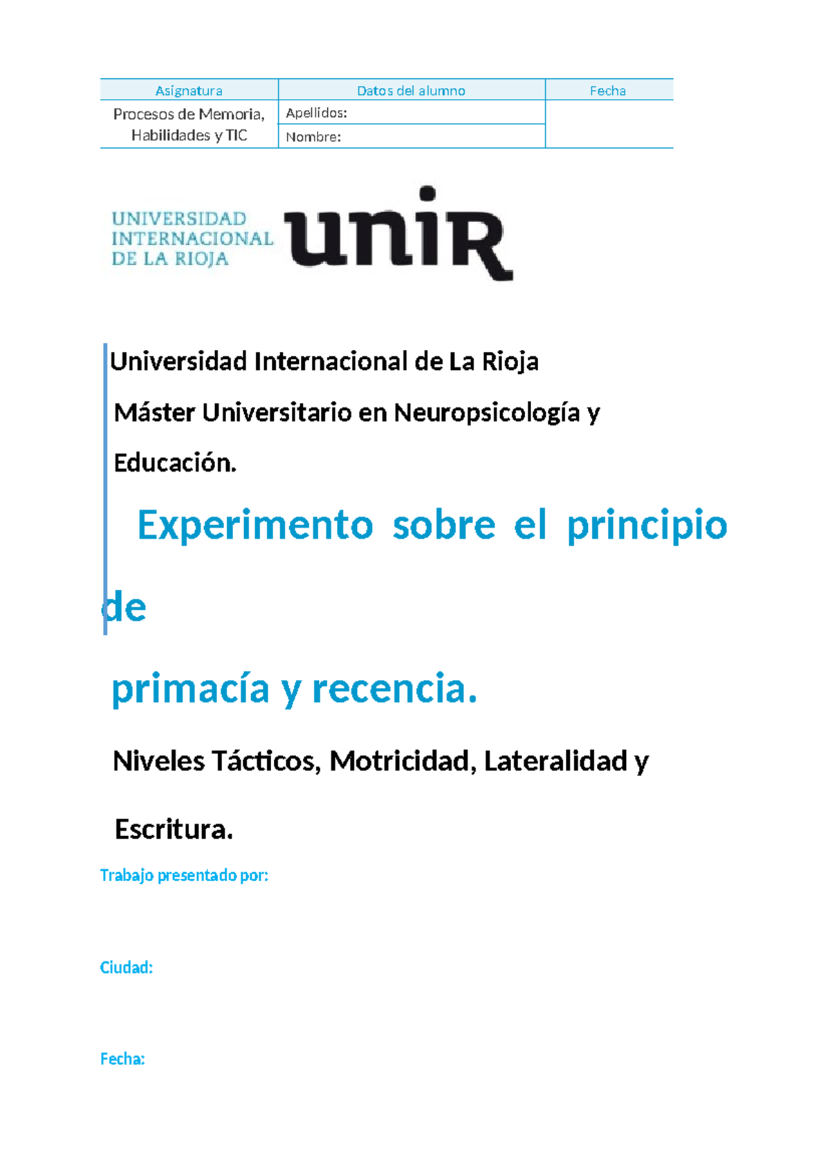 Experimento sobre el principio de primacía y recencia - Procesos de ...
