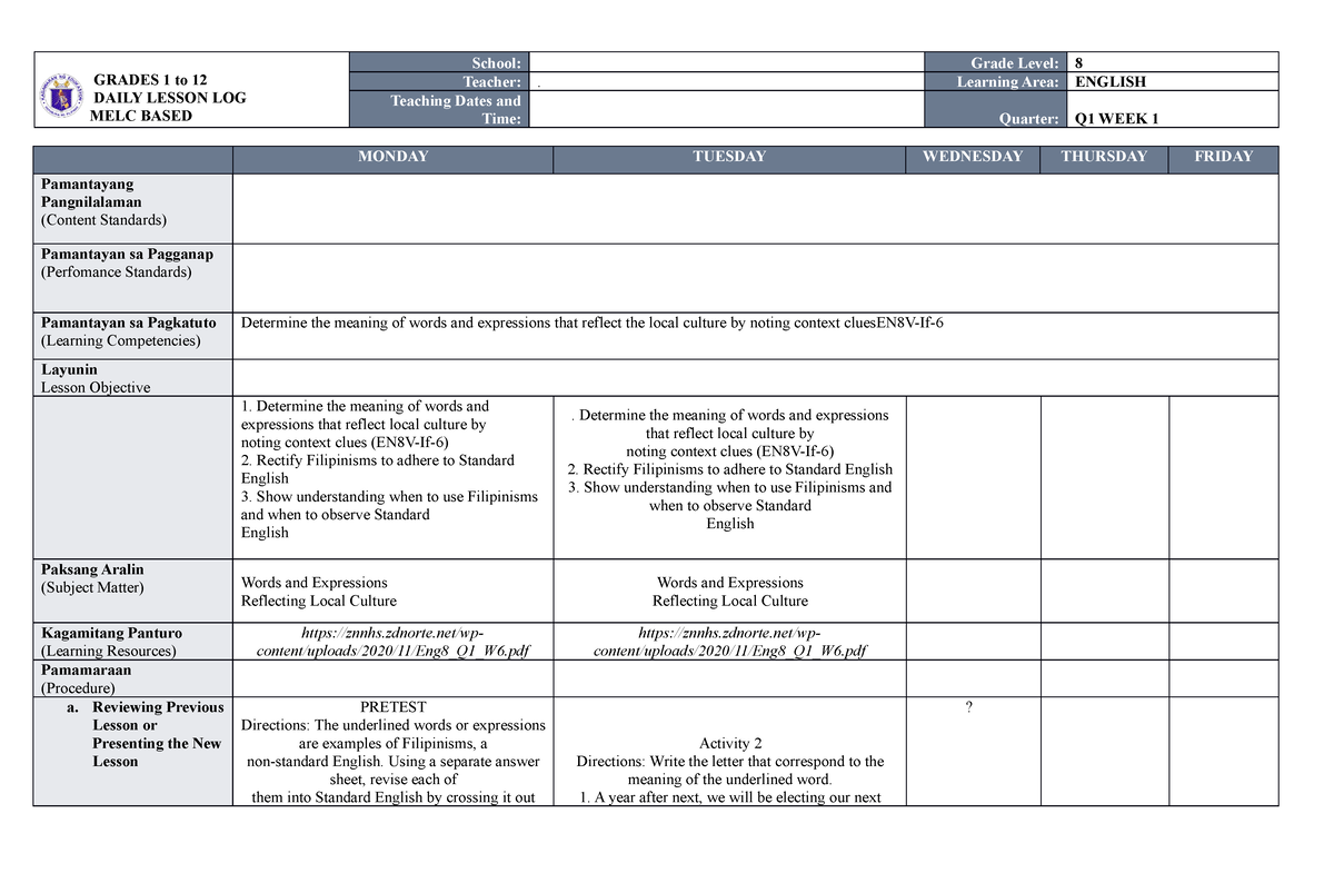 MELC DLL ENG 8 WEEK 1 Q1 DONE - GRADES 1 to 12 DAILY LESSON LOG MELC ...