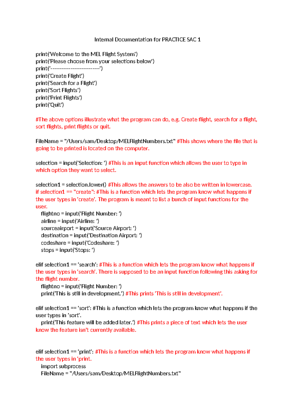 Internal Documentation for Practice SAC 1 - Internal Documentation for ...