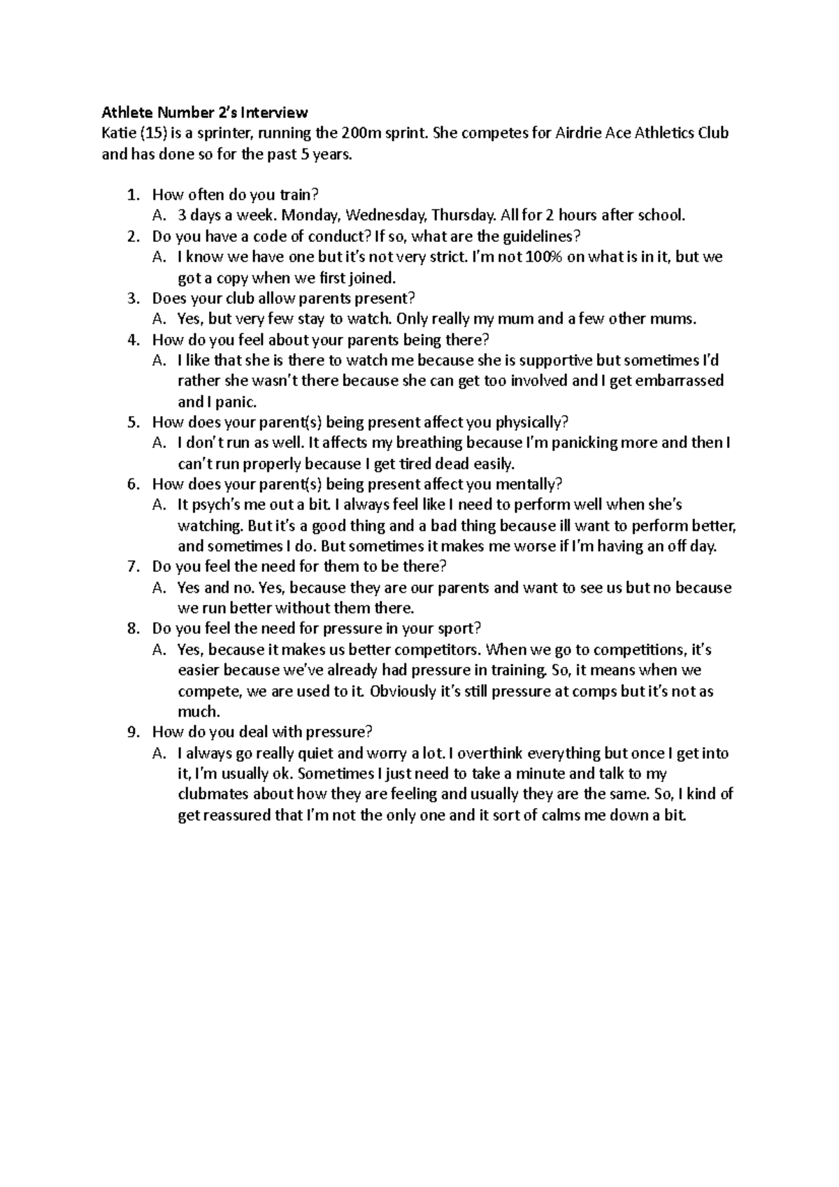 Katie's Interview - Athlete Number 2’s Interview Katie (15) is a ...
