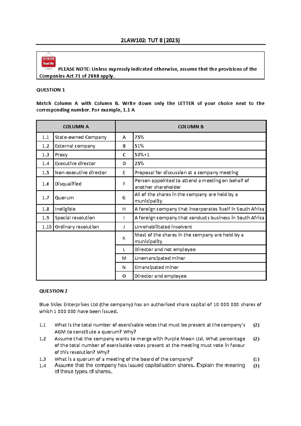 Tut8 - ..................... - 2 LAW102: TUT 8 (20 23 ) PLEASE NOTE ...
