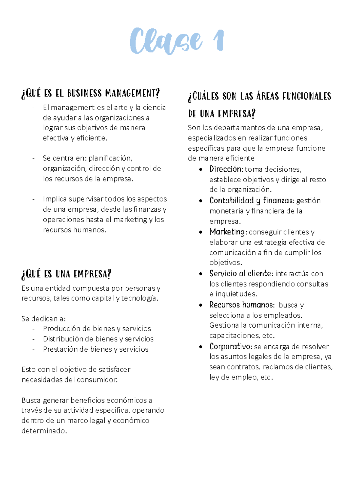 Management - Apuntes - Clase 1 ¿Qué es el business management? El ...