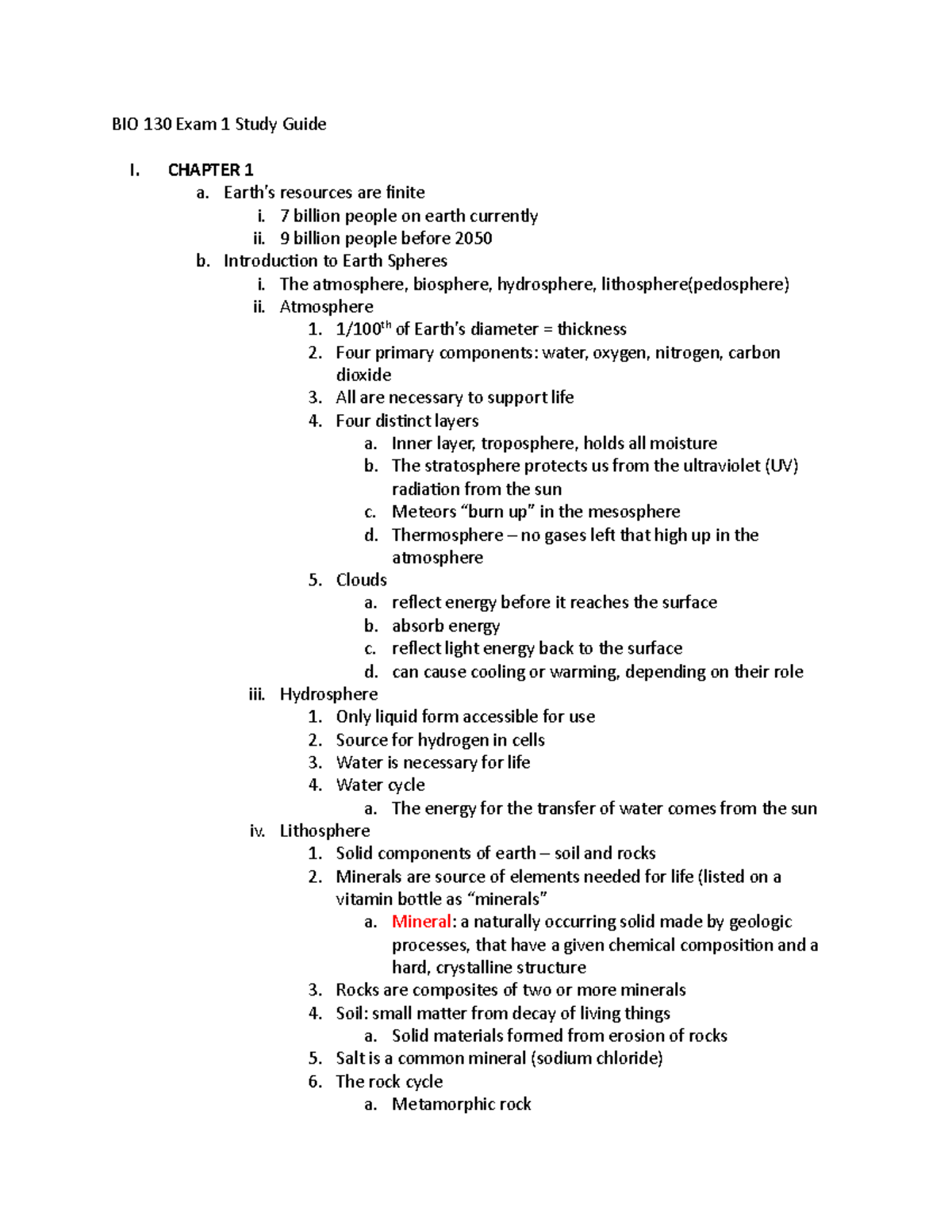 BIO 130 Exam 1 Study Guide - BIO 130 Exam 1 Study Guide I. CHAPTER 1 a ...