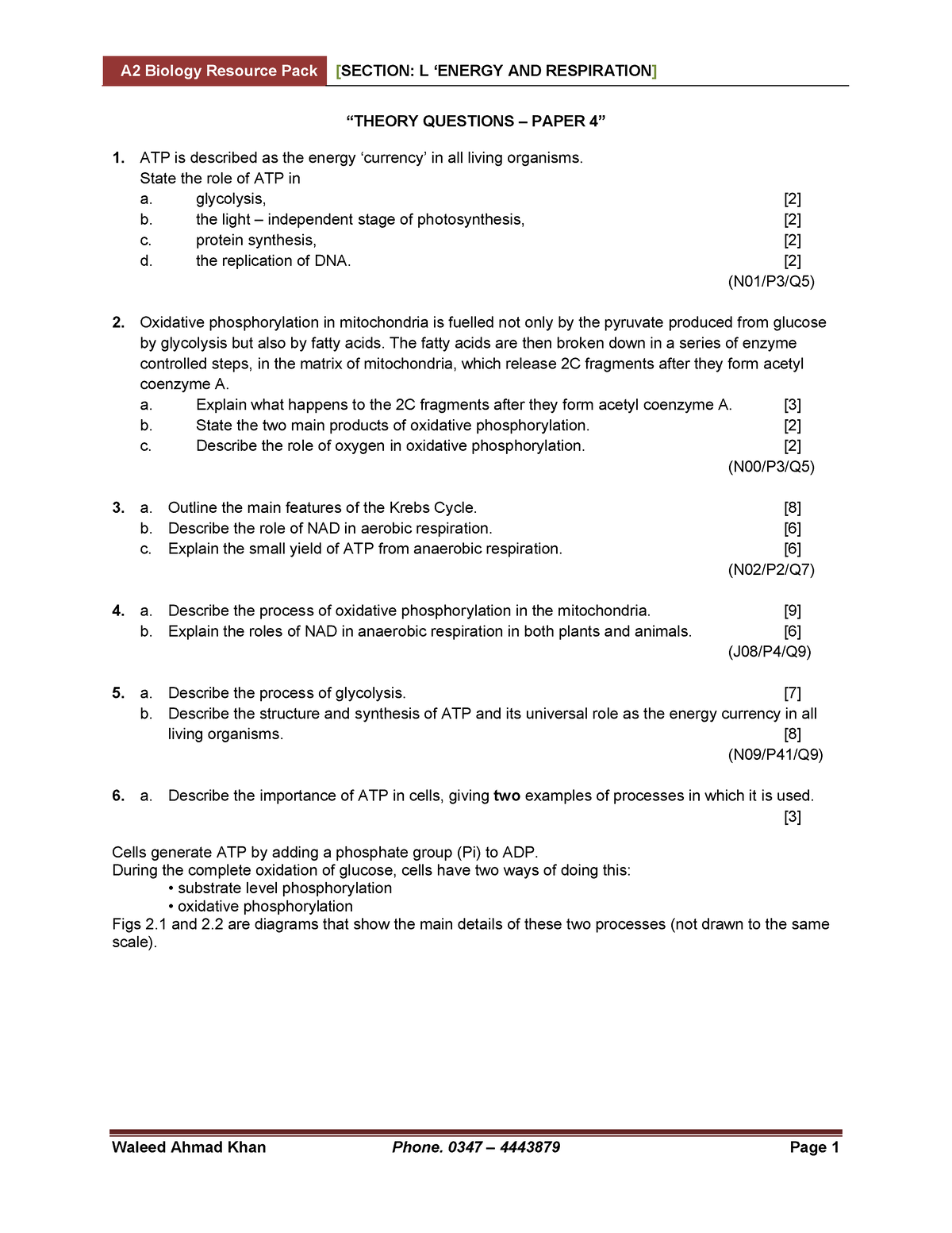 L Energy and Respiration Icnfj ifidjd - “THEORY QUESTIONS – PAPER 4” 1 ...