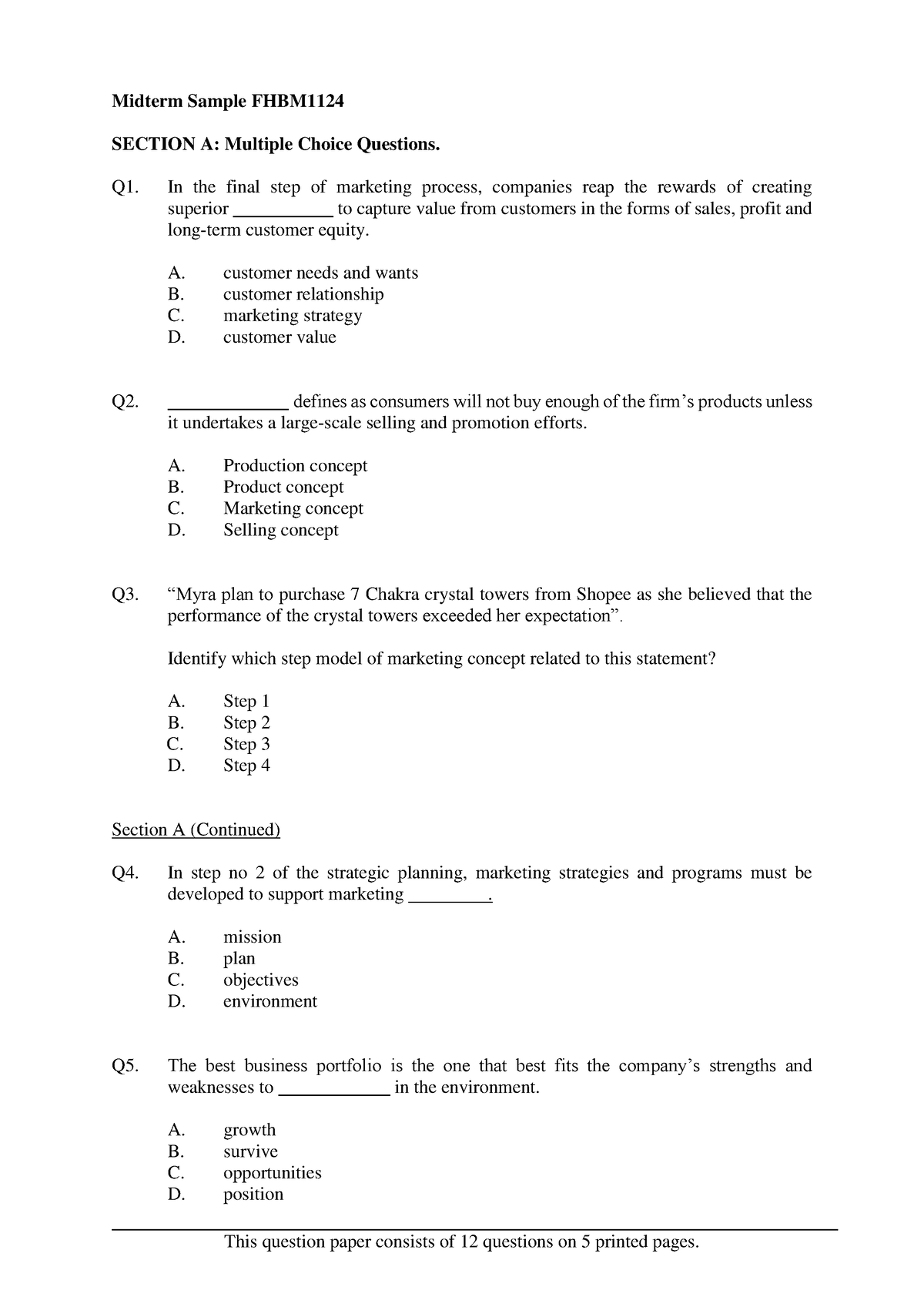 FHBM1124 Marketing Sample QP - This Question Paper Consists Of 12 ...