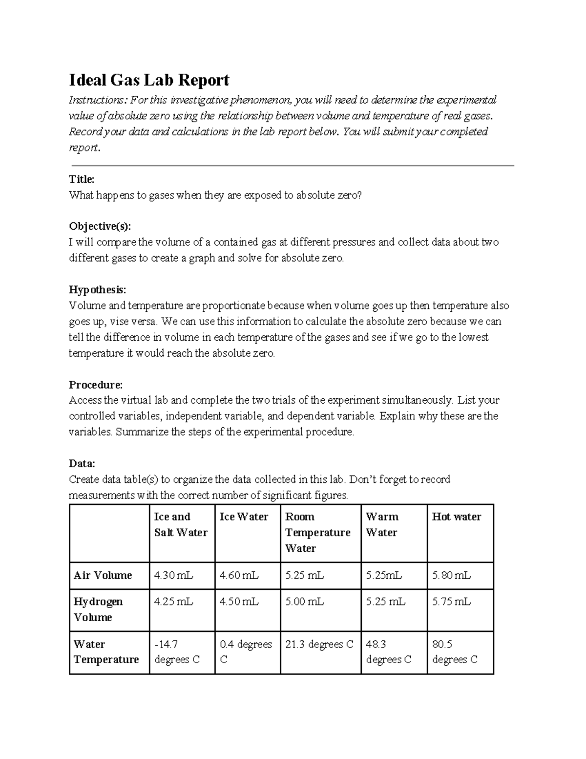 6 answers to ideal gas lab Ideal Gas Lab Report Instructions For
