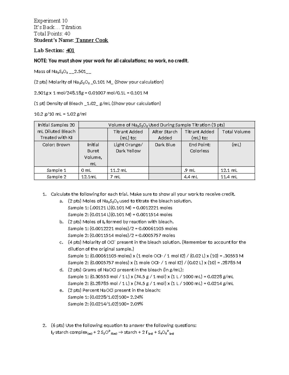 CHEM 110L Experiment 10 It's Back... Titration Experiment 10 It’s