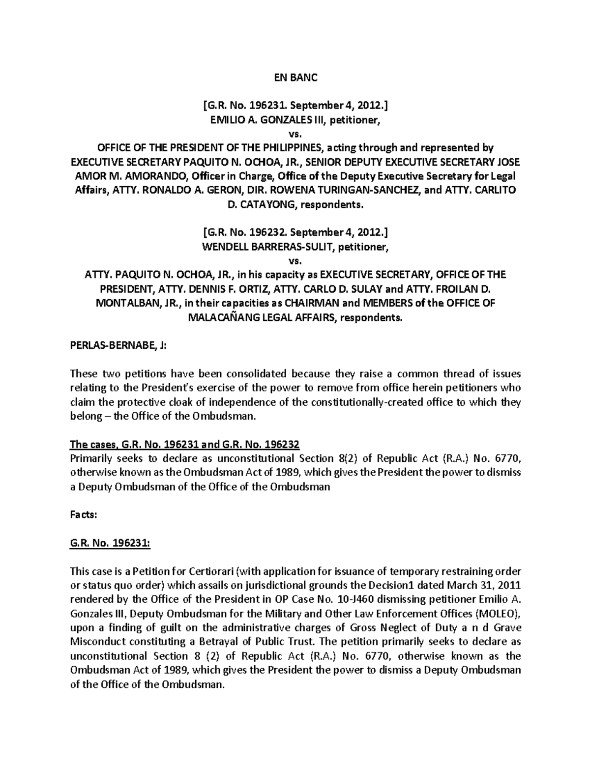 Gonzales Vs Office Of The President, GR Nos 196231 And 196232 ...