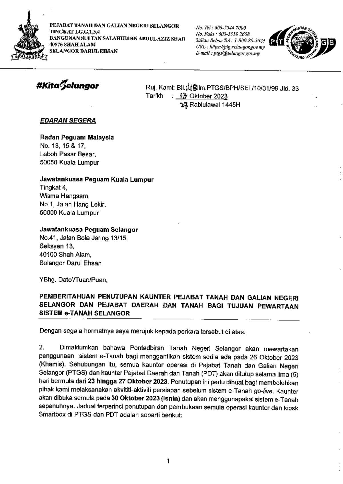 Surat penutupan kaunter ptgs - Land law I - Studocu