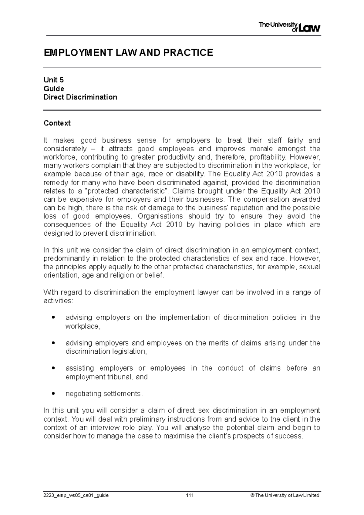Direct Discrimination Week 5 Session Employment Law And Practice Unit