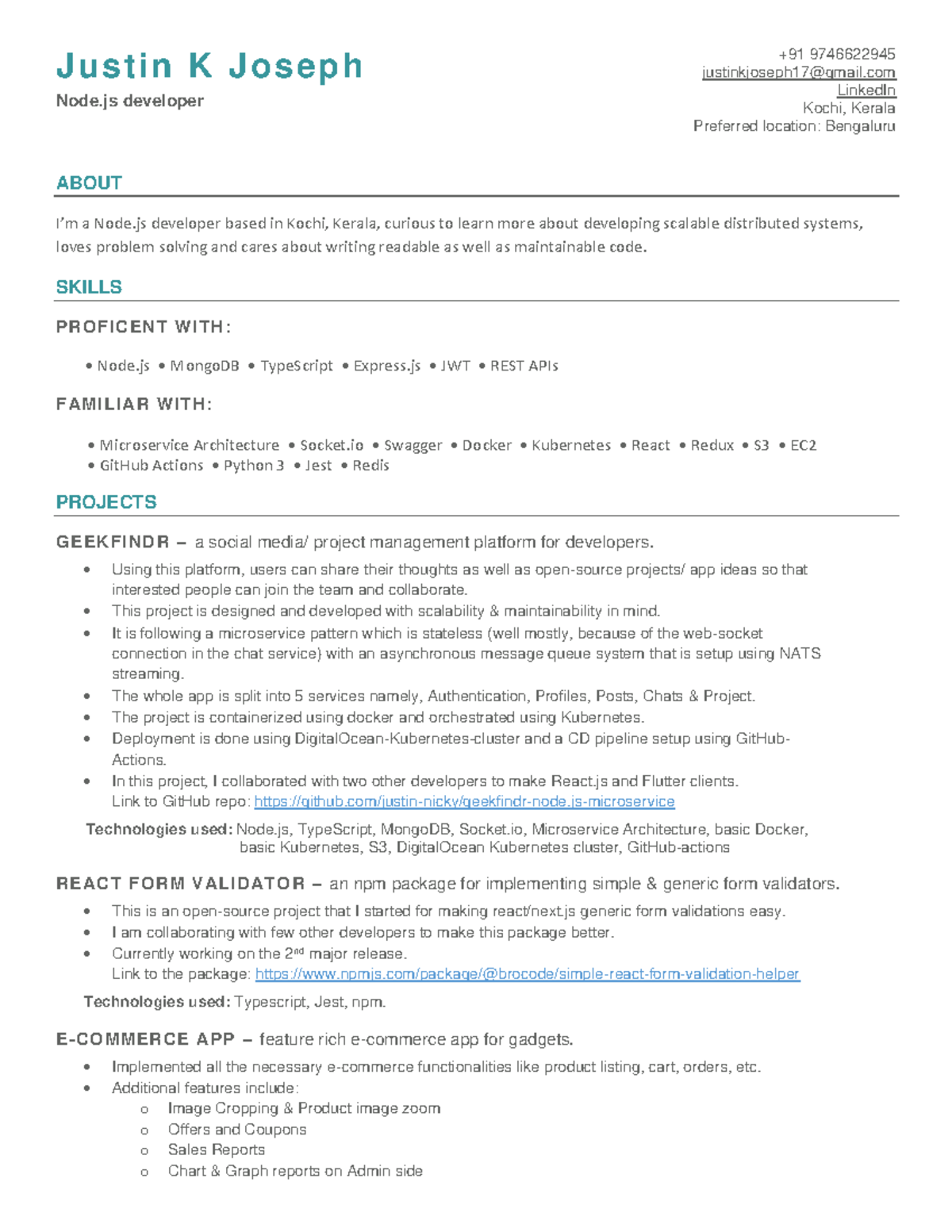 Justin nodejs developer resume - Justin K Joseph Node developer +91 ...