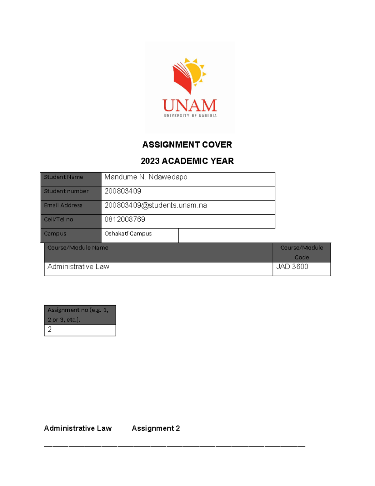 Administrative law assignment 2 - ASSIGNMENT COVER 2023 ACADEMIC YEAR ...