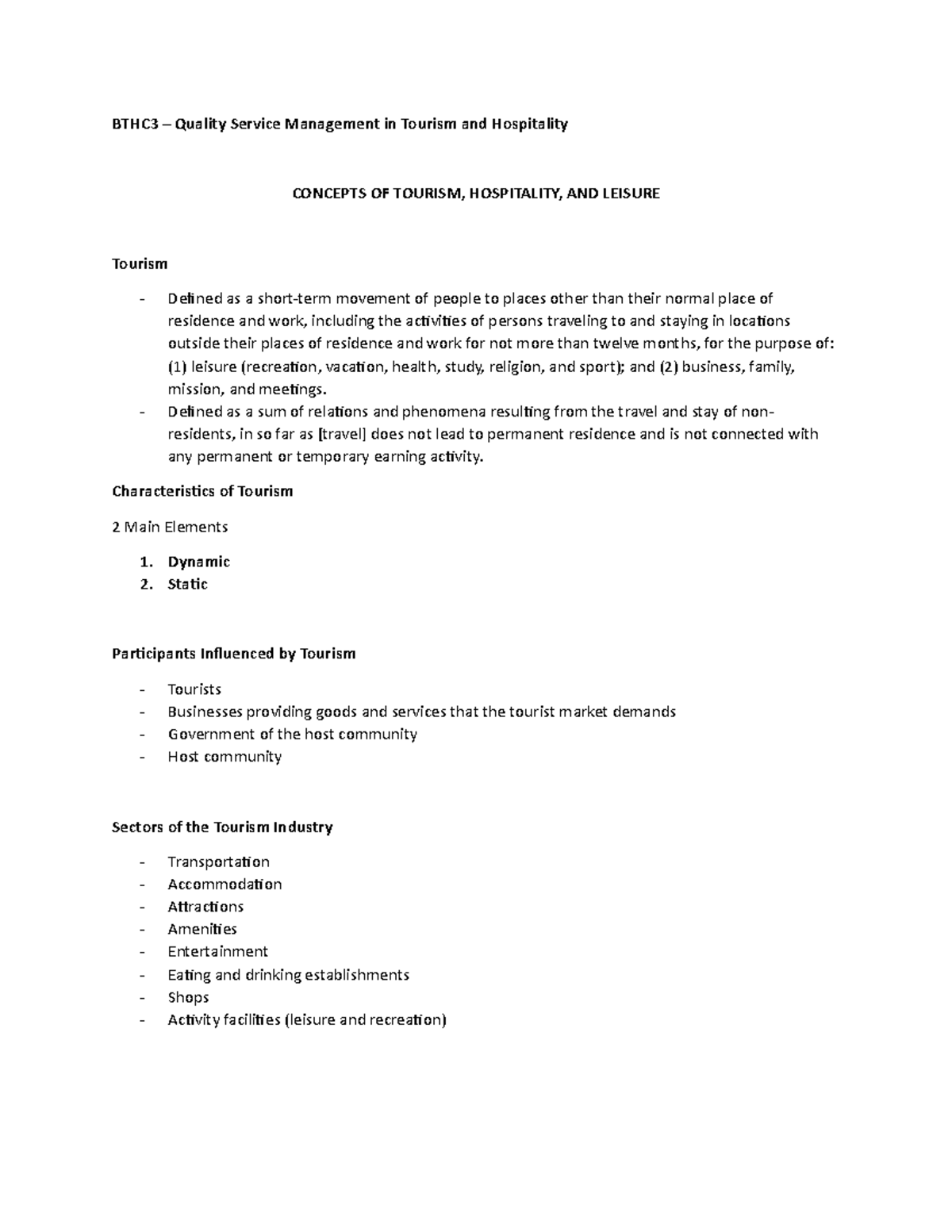 Concepts of Tourism Hospitality and Leisure BTHC3 Quality Service