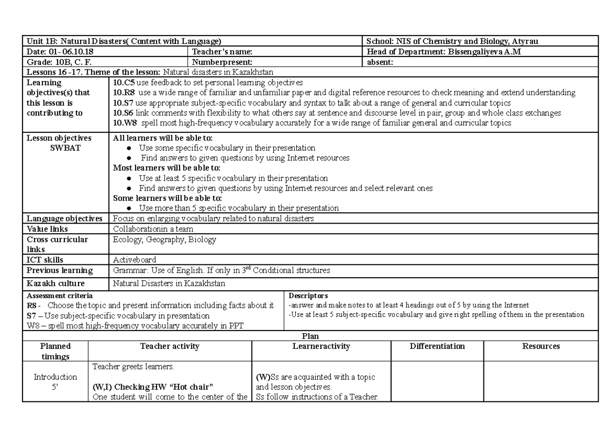 L15-16 lesson plans on the theme Natural disasters in Kazakhstan - Unit ...