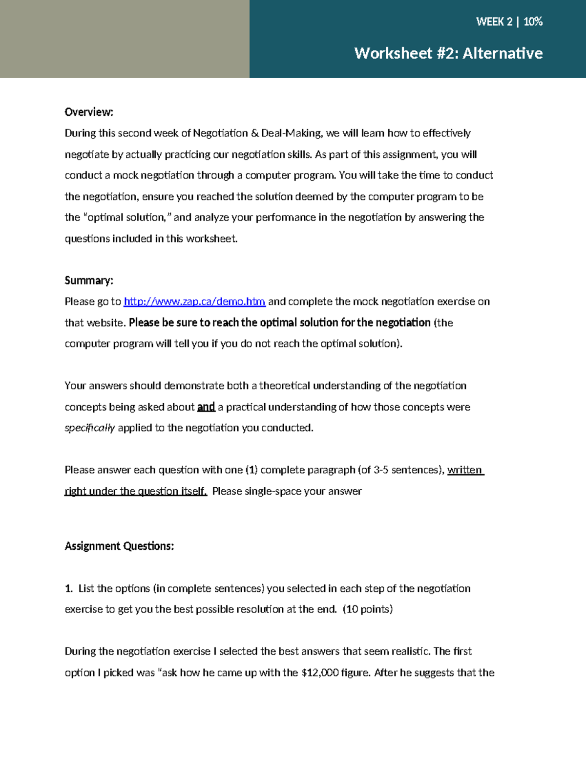 Negotiation & Deal-Making - Worksheet #2: Alternative Overview: During ...