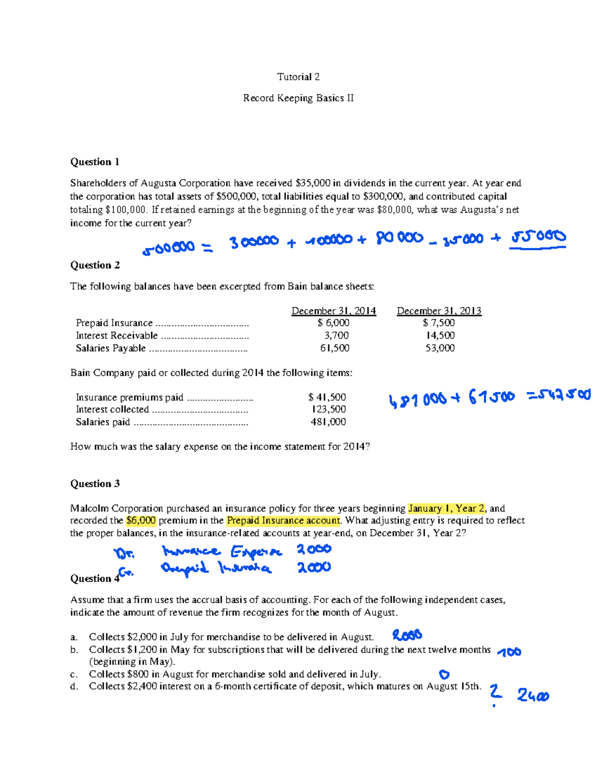 Tutorial 2 Questions Tutorial 2 Record Keeping Basics II Question 1