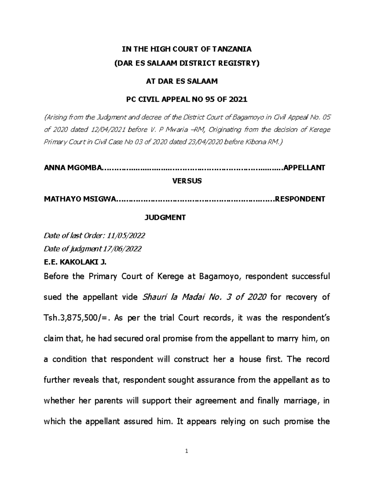 Cae law on breach of promise to marryTanzania Jurisdiction IN THE