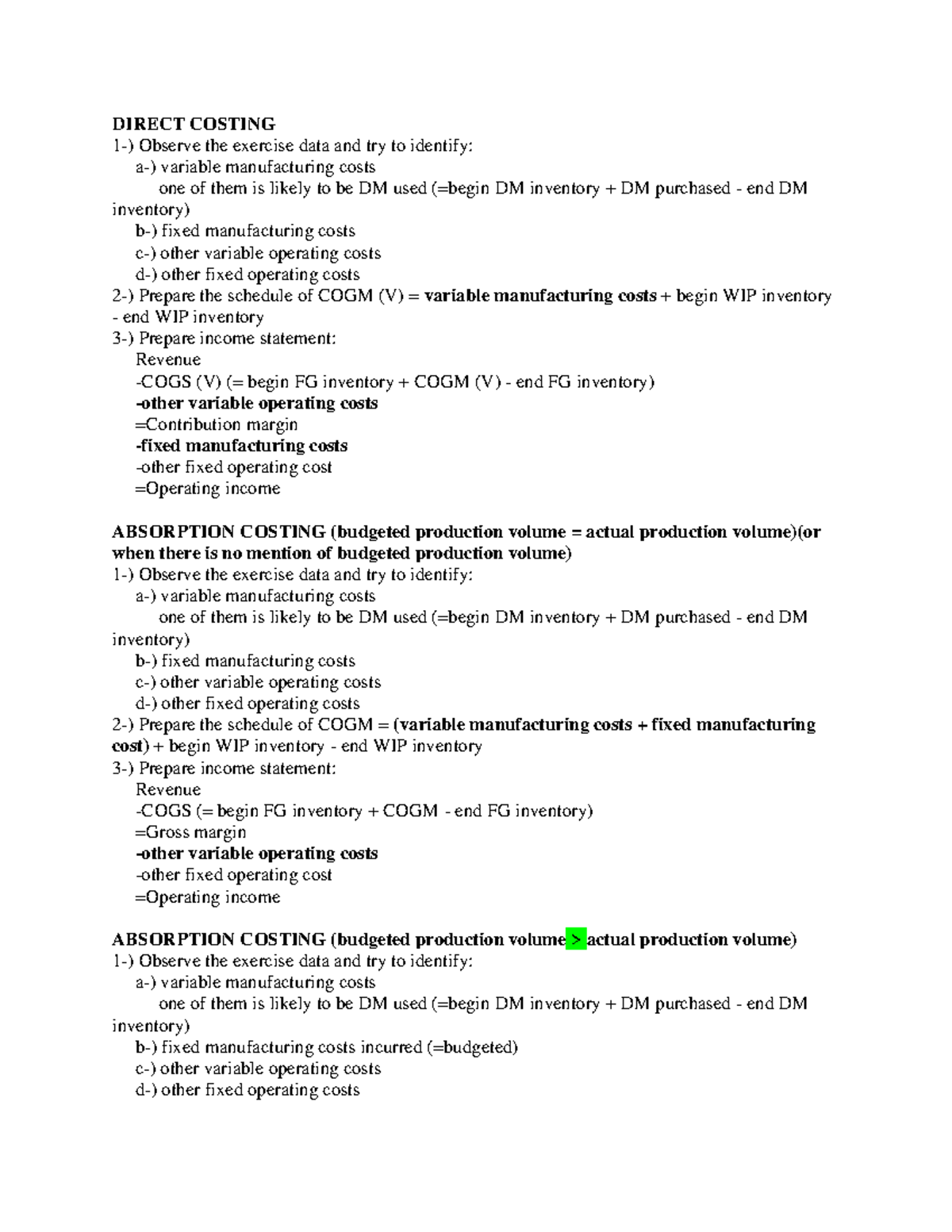Income Statement Roadmap - DIRECT COSTING 1-) Observe the exercise data ...