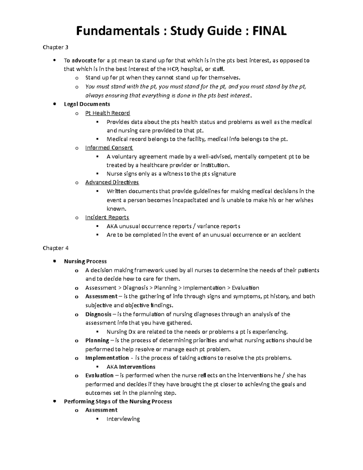 Fundamentals Study Guide - Chapter 3 To Advocate For A Pt Mean To Stand 