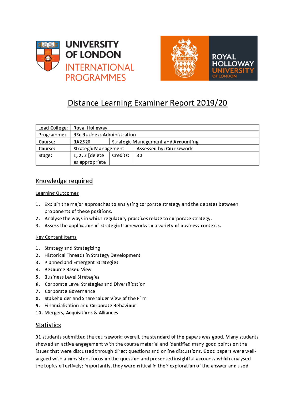 BA2520 coursework examiner report 2020 - Distance Learning Examiner ...