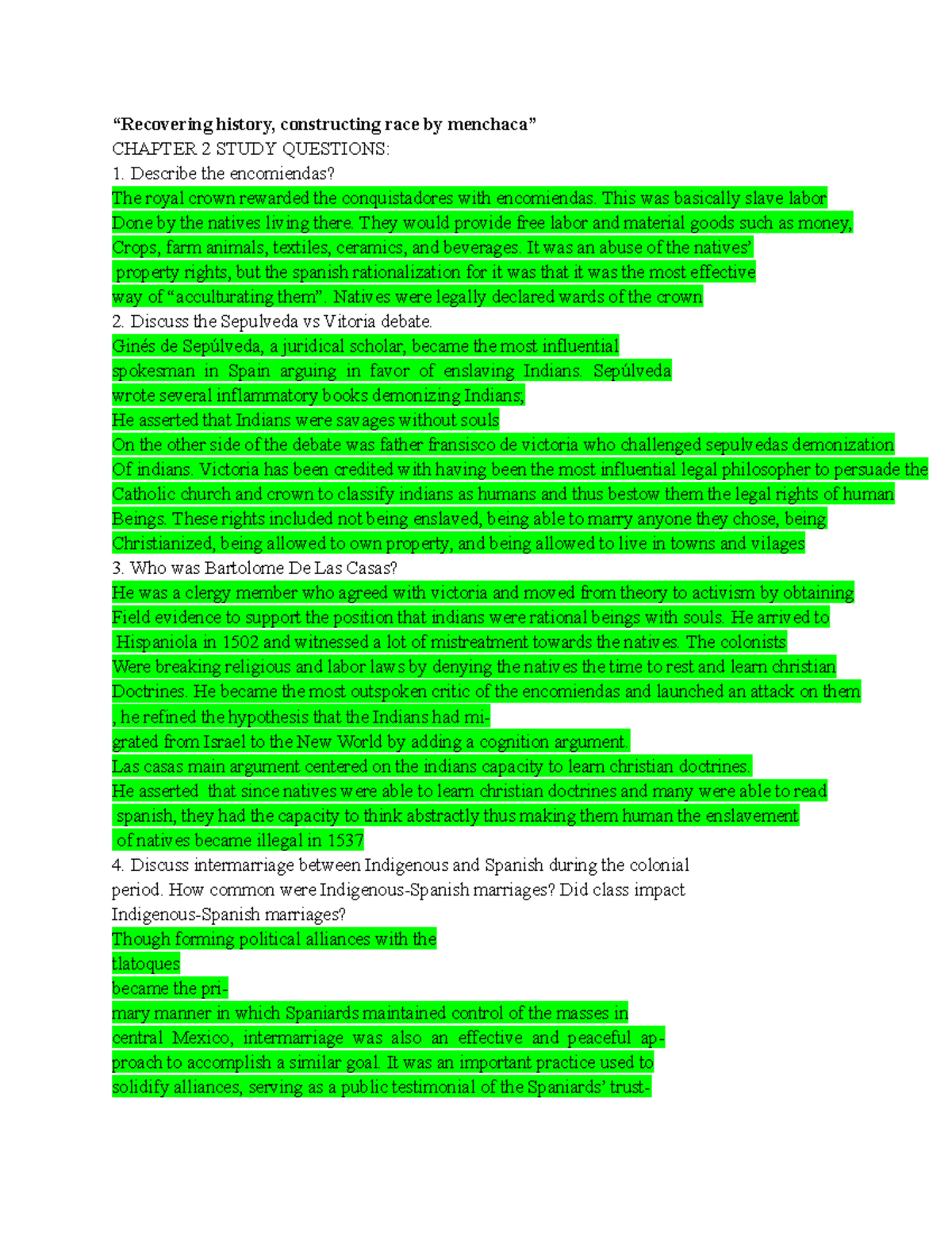 Study guide 4 - “Recovering history, constructing race by menchaca” CHAPTER 2 STUDY QUESTIONS ...