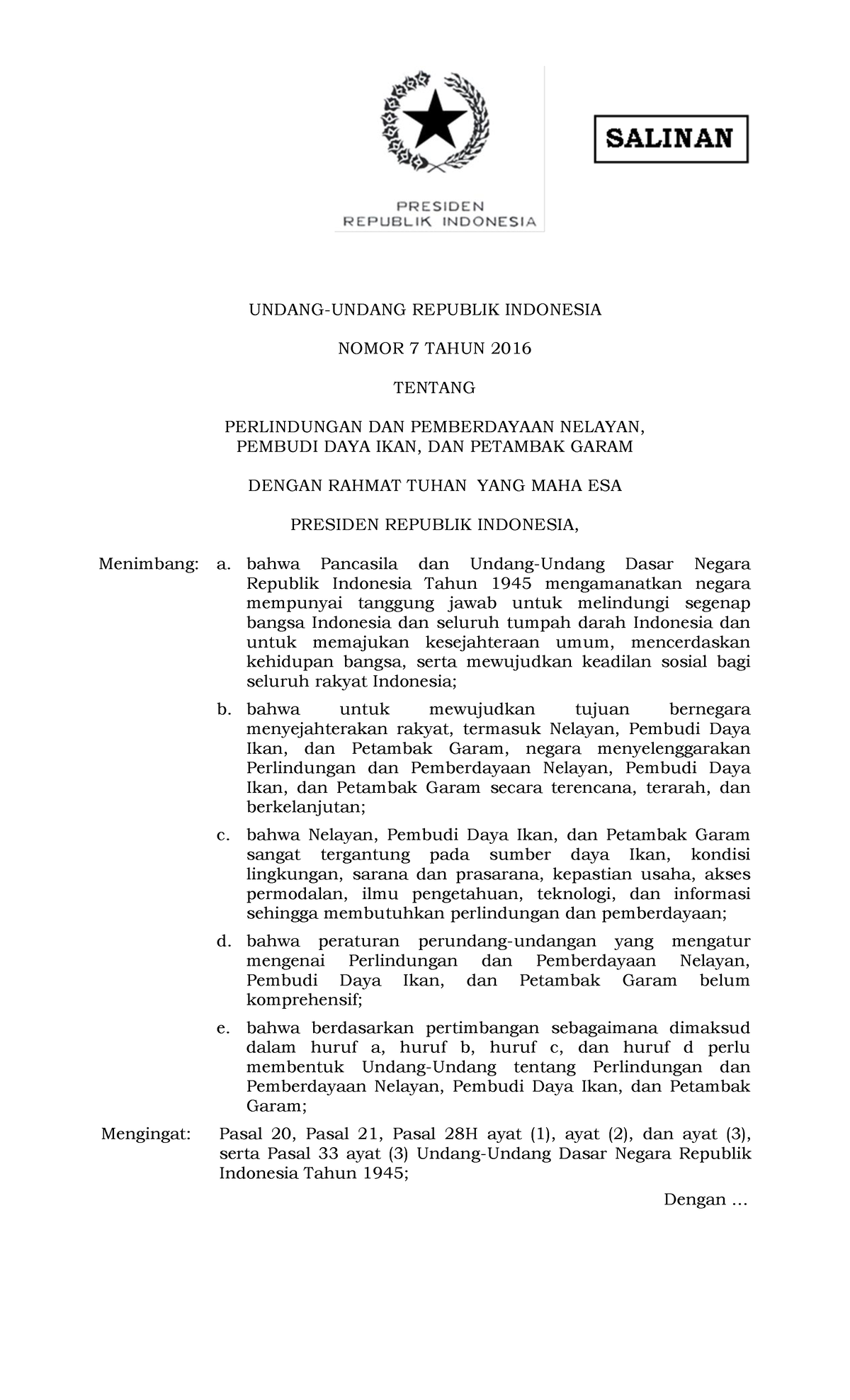 UU Nomor 7 Tahun 2016 - UNDANG-UNDANG REPUBLIK INDONESIA NOMOR 7 TAHUN ...