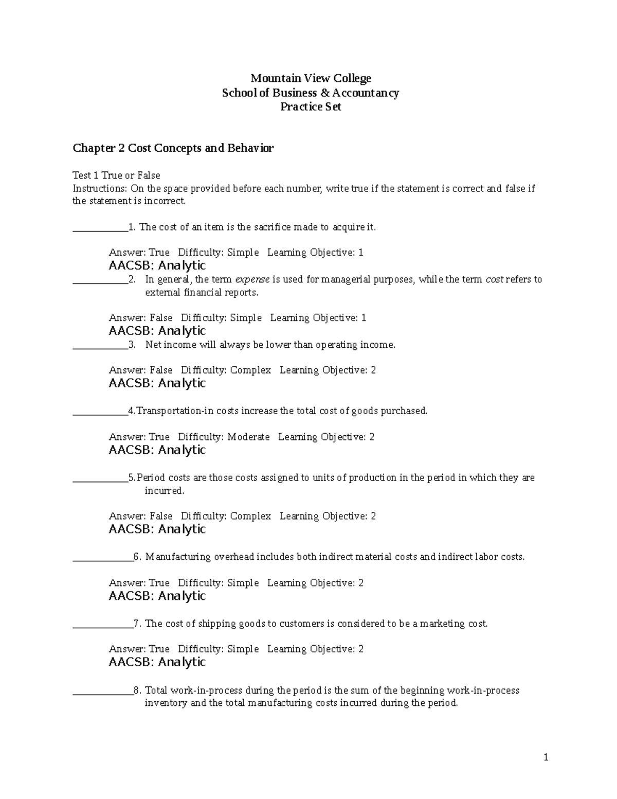 Chapter 2 Cost Concepts and Behavior - Mountain View College School of ...