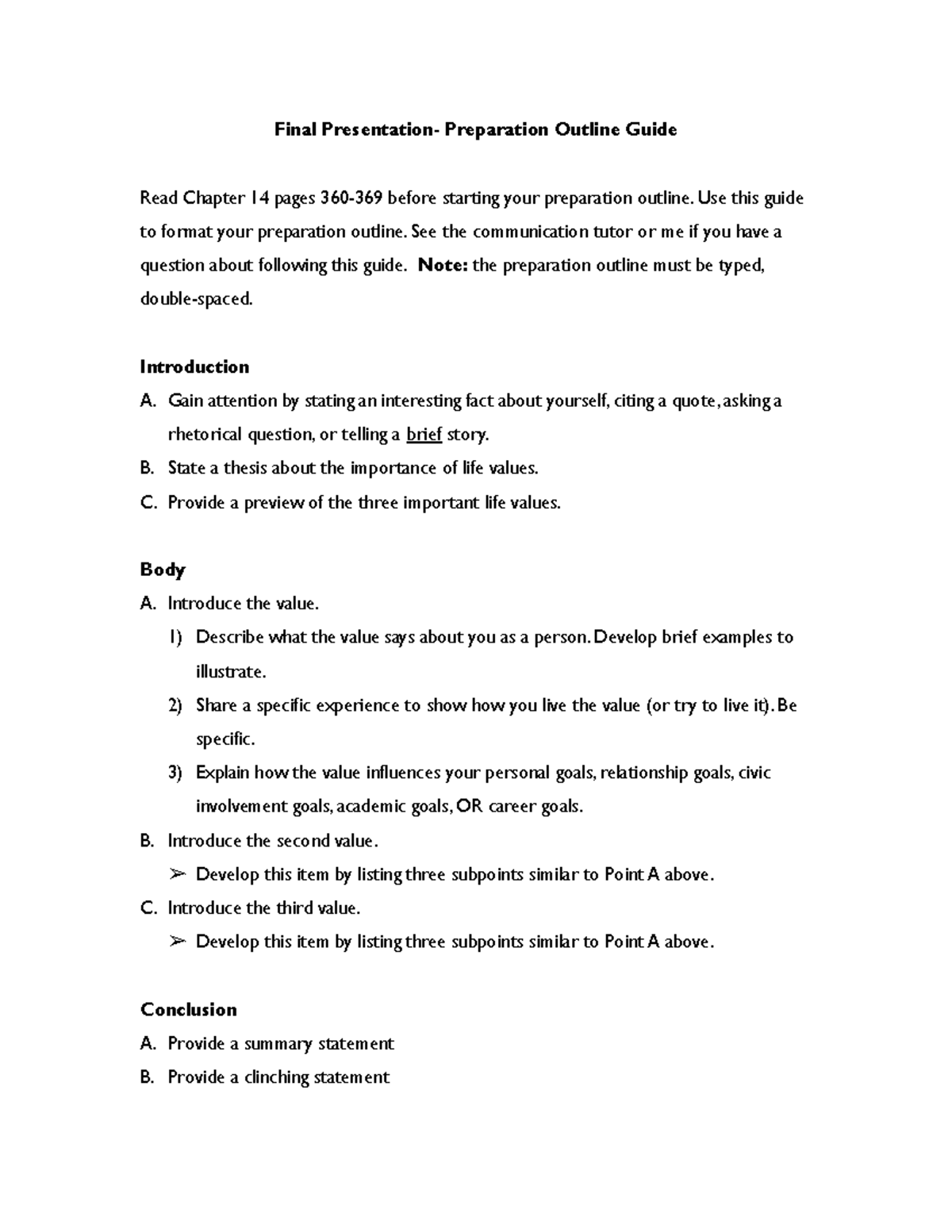 value speech template outline