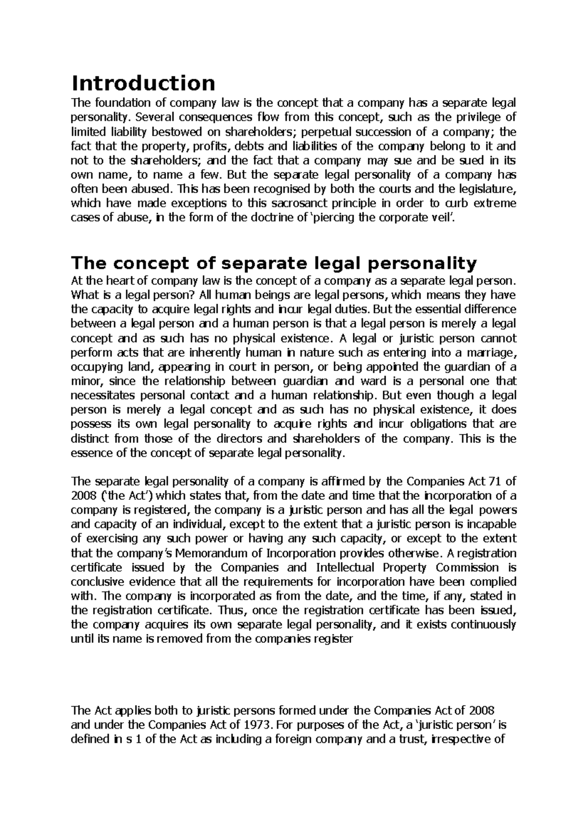 Legal Personality - Lecture notes 1 - Introduction The foundation of ...