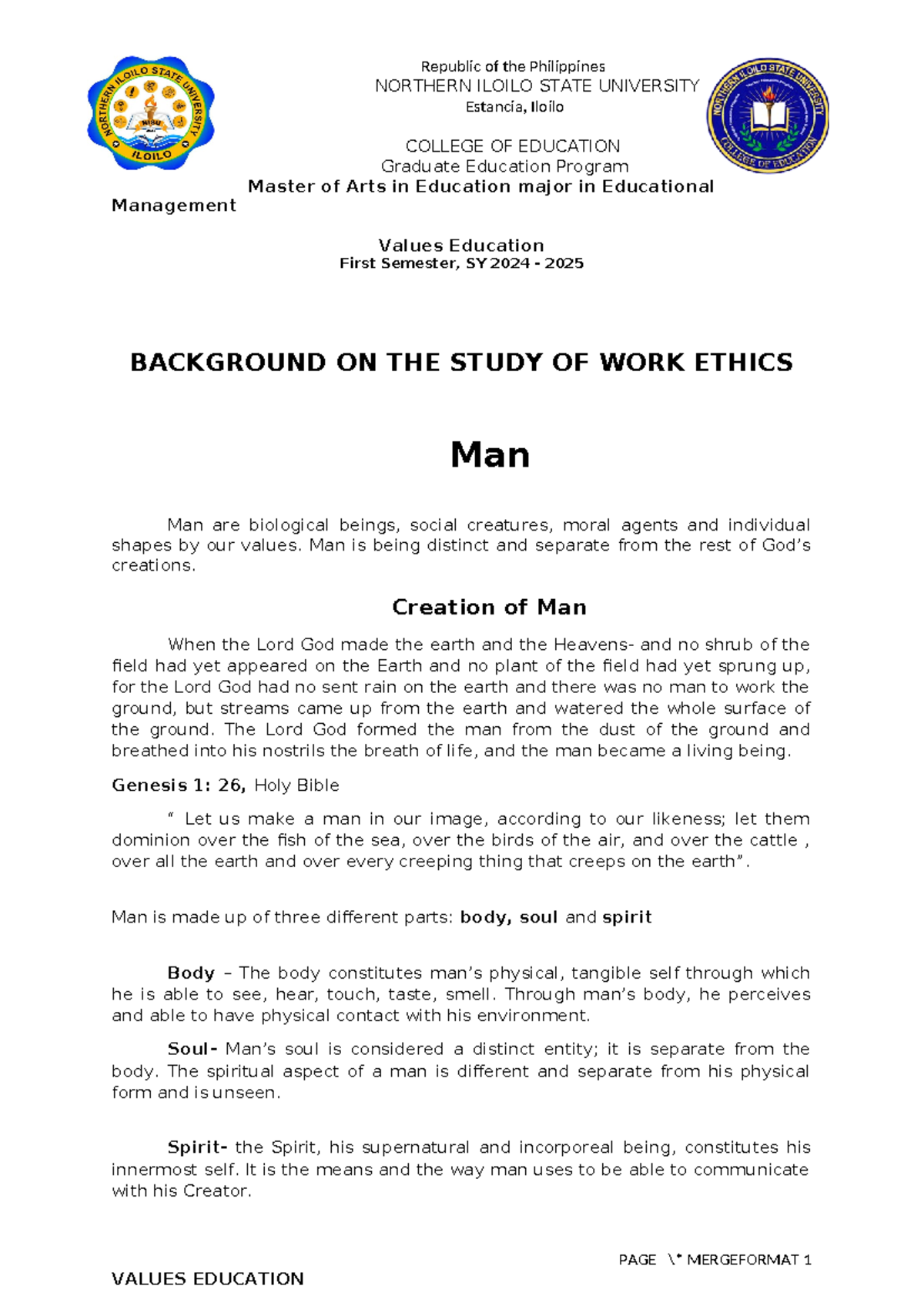 Values Education -BACKGROUND ON THE STUDY OF WORK ETHICS - NORTHERN ...