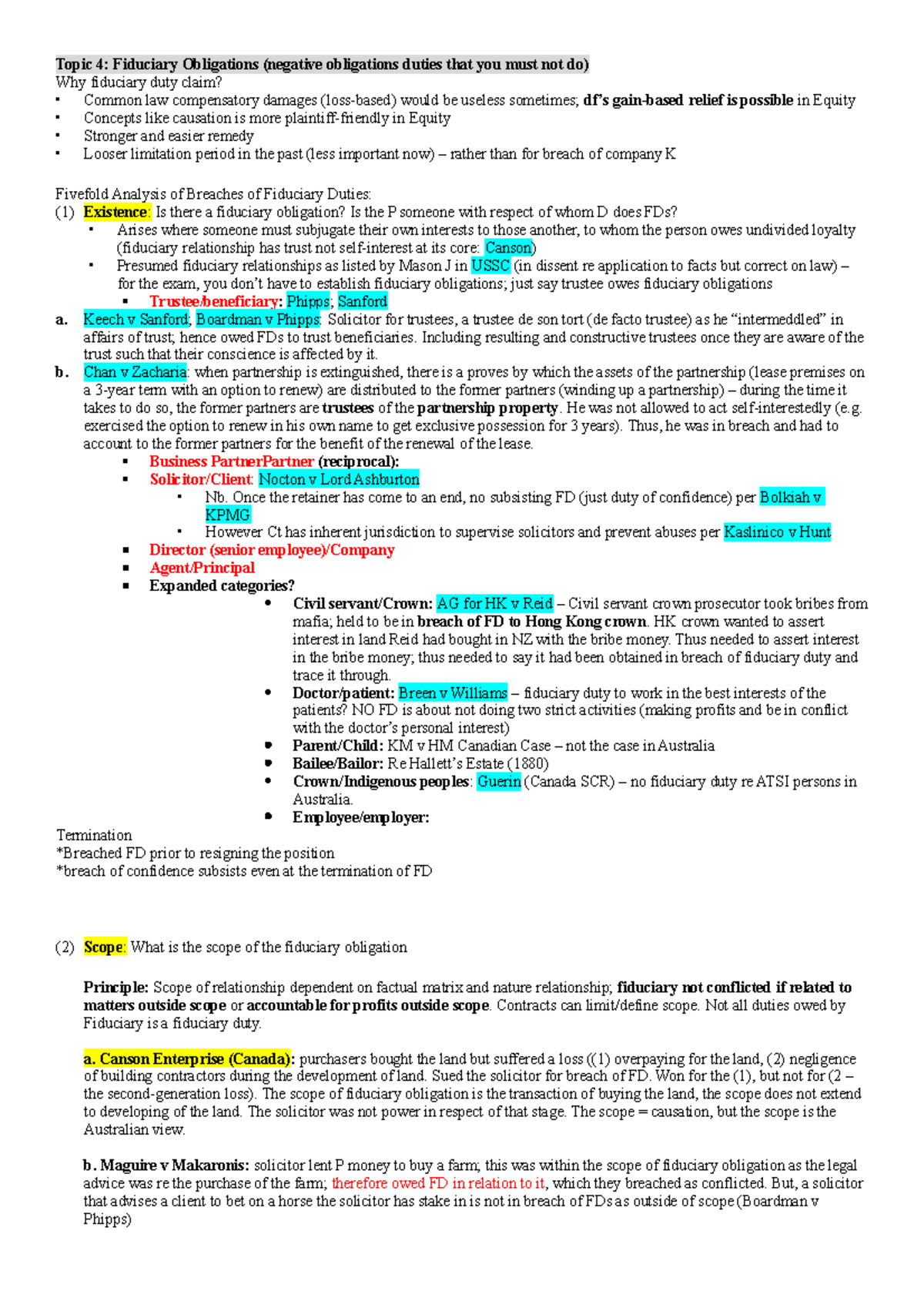 Equity Final notes - Topic 4: Fiduciary Obligations (negative ...