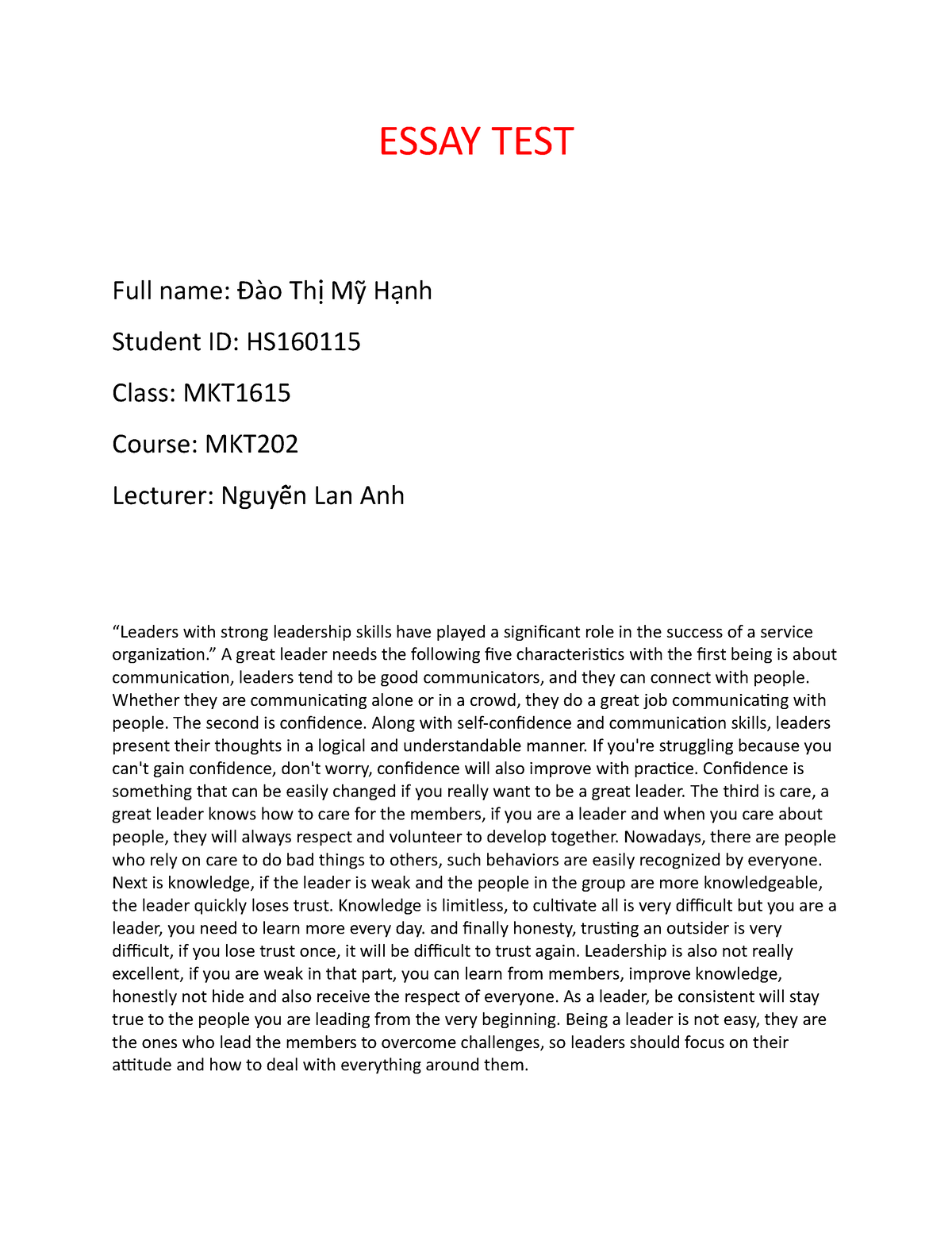 essay for test