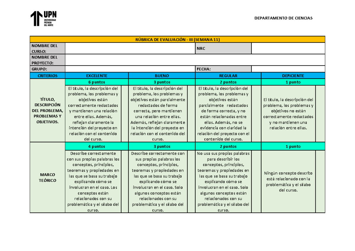 Rúbrica DE Evaluación - INF 3 - DEPARTAMENTO DE CIENCIAS R⁄BRICA DE ...