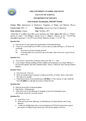 Phy 111 1st semester pq 1 - Introduction to physics - Studocu