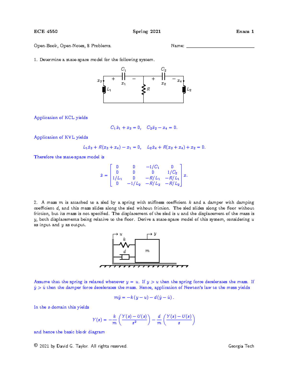 Exam1 Spring 21 solution - ECE 4550 Spring 2021 Exam 1 Open-Book, Open ...