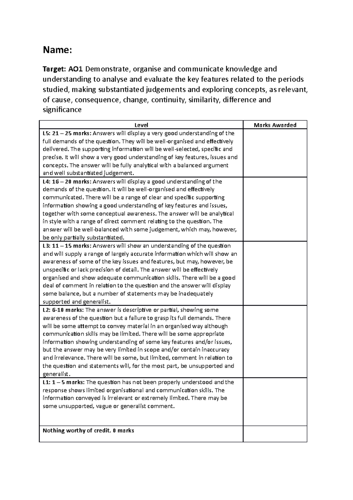 Essaymarkscheme historyyyyyyyyyyyyyyy Name Target AO1