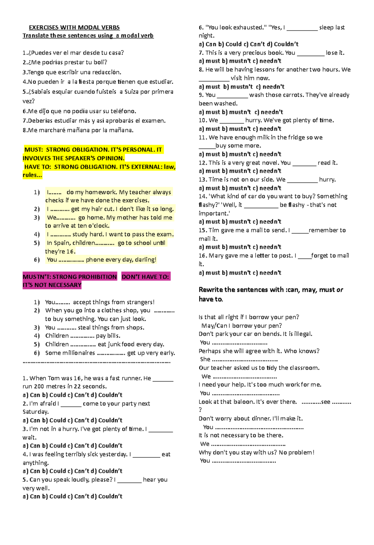 Exercises+WITH+ Modal+ Verbs 0 - EXERCISES WITH MODAL VERBS Translate ...