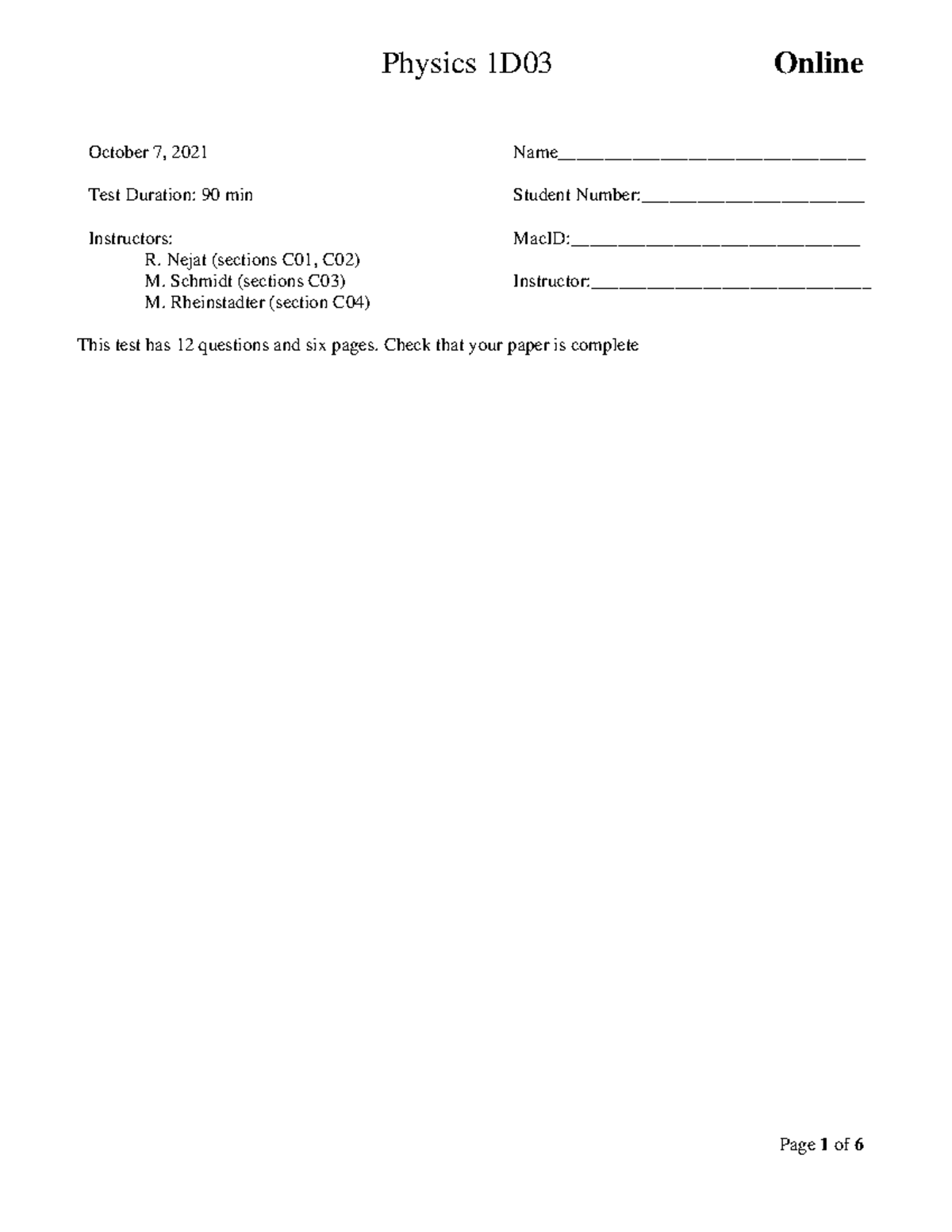 Fall_Midterm#_Physics_1D03 - Physics 1D03 Online October 7, 2021 Test ...