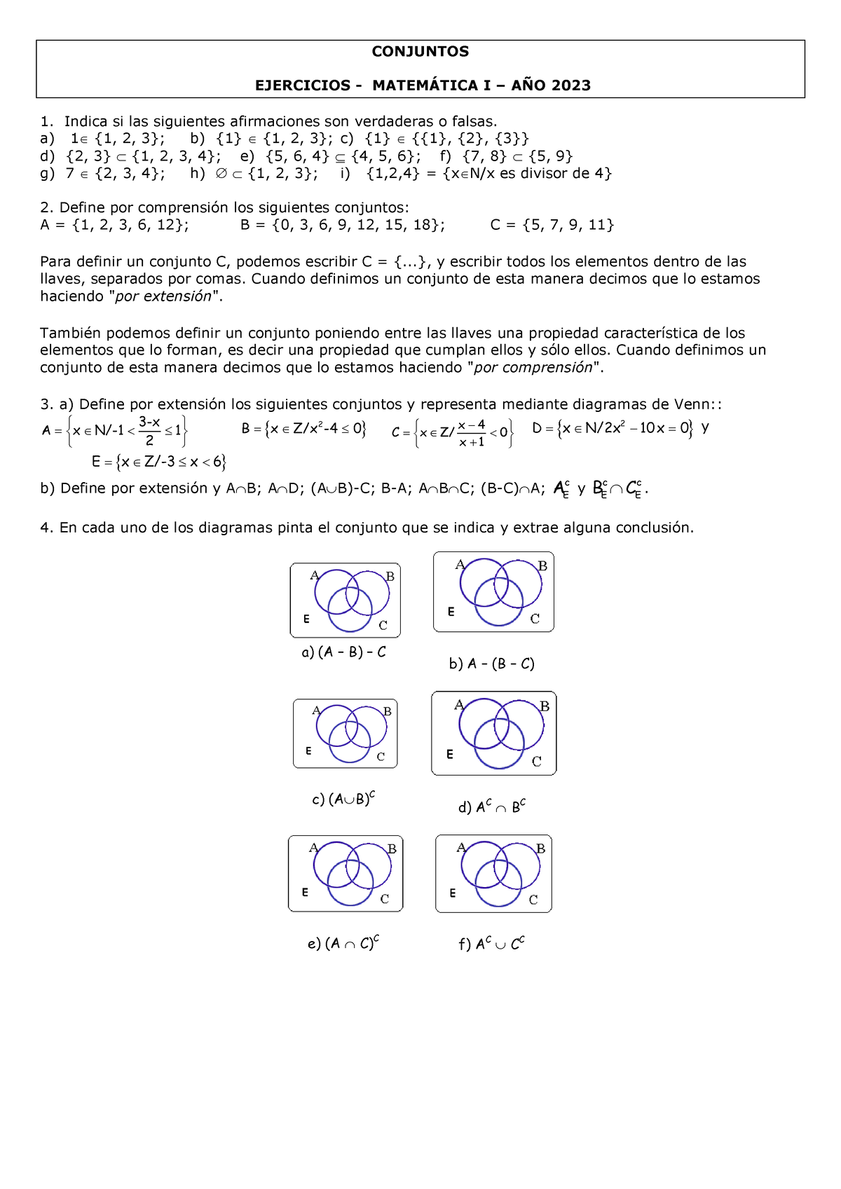 Ejercicios De Conjuntos - ####### CONJUNTOS ####### EJERCICIOS - MATEM ...