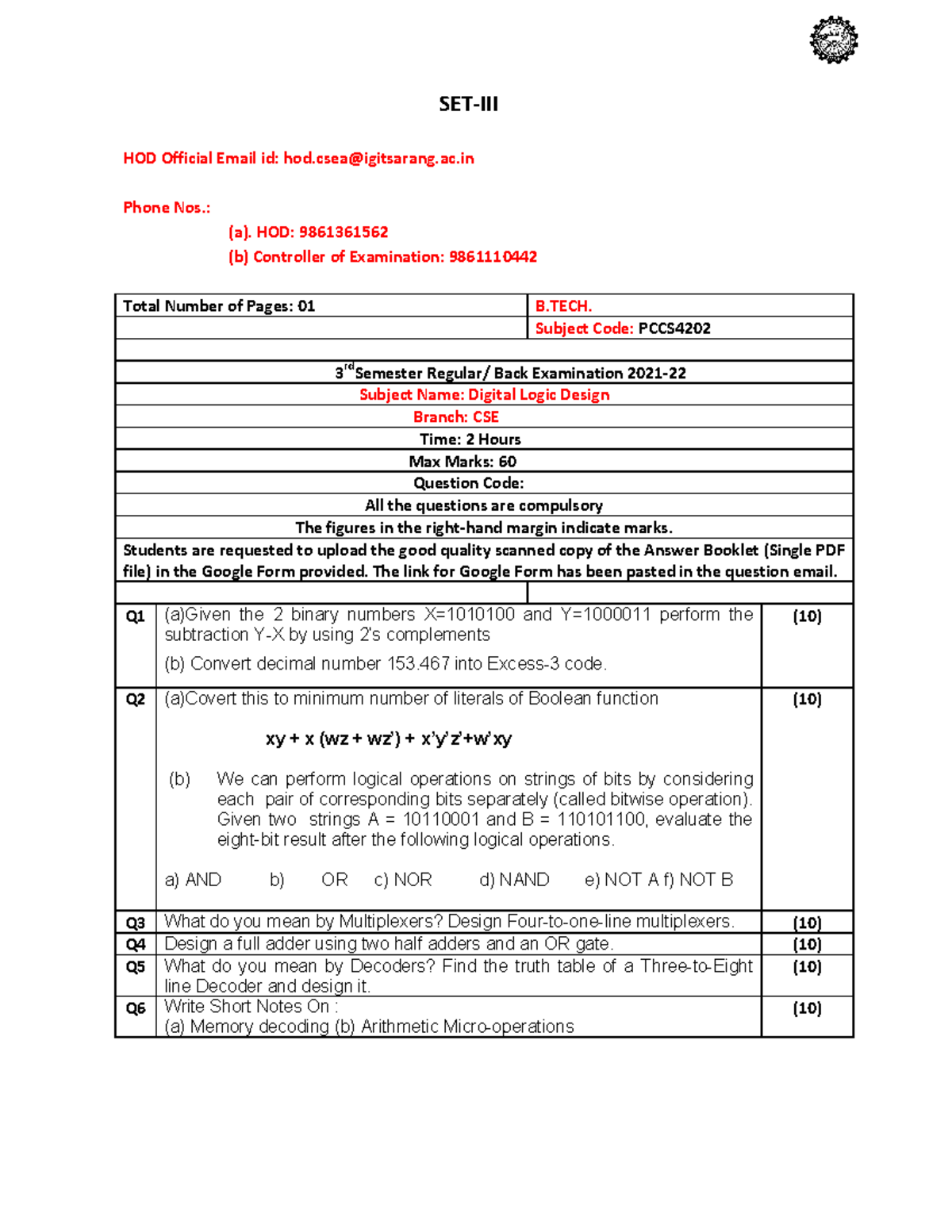 3rd CSE DLD SET3 Hdud SETIII HOD Official Email id hod