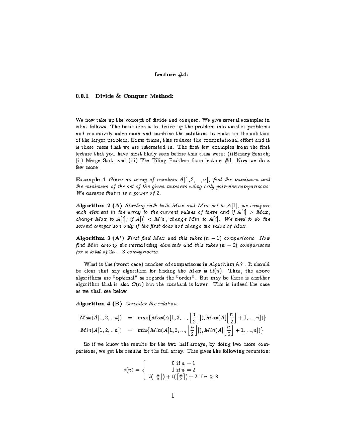 Lec4 - Lecture Notes 4 - Lecture #4: 0.0 Divide & Conquer Method: We ...