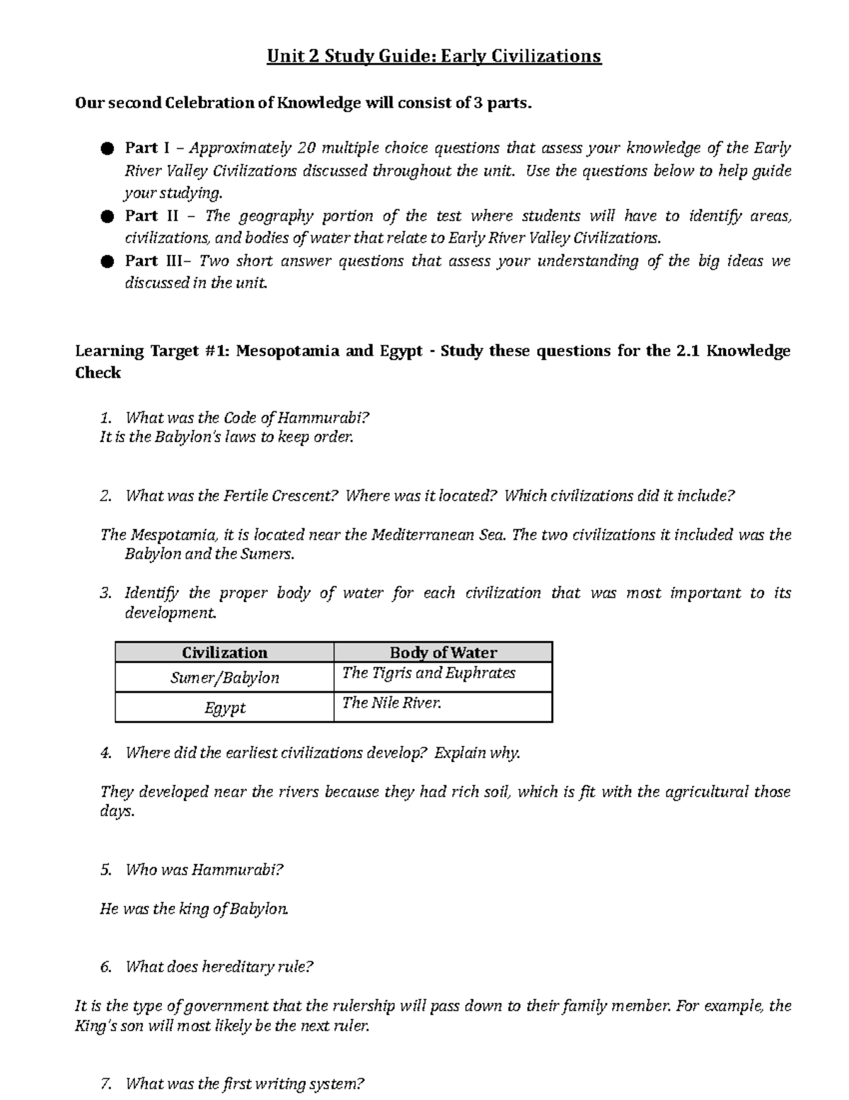 Unit 2 Study Guide River Valley Civilizations - Unit 2 Study Guide ...