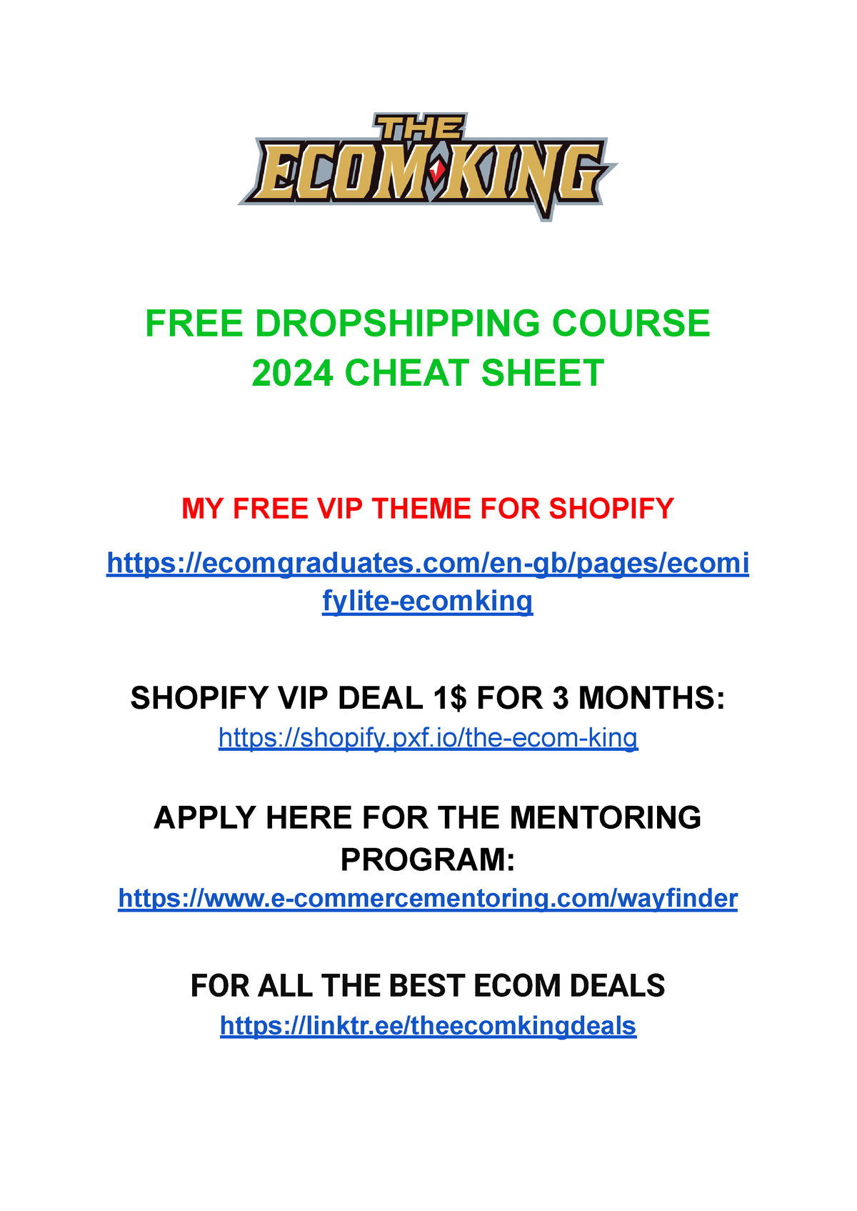 FREE Dropshipping Course 2024 Cheat Sheet FREE DROPSHIPPING COURSE