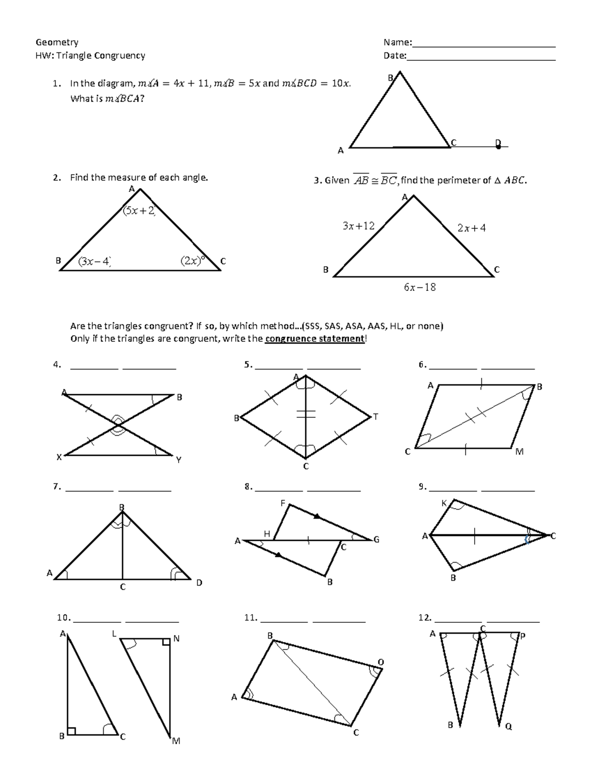 B HW Triangle Congruency - Geometry Name:___________________________ HW ...